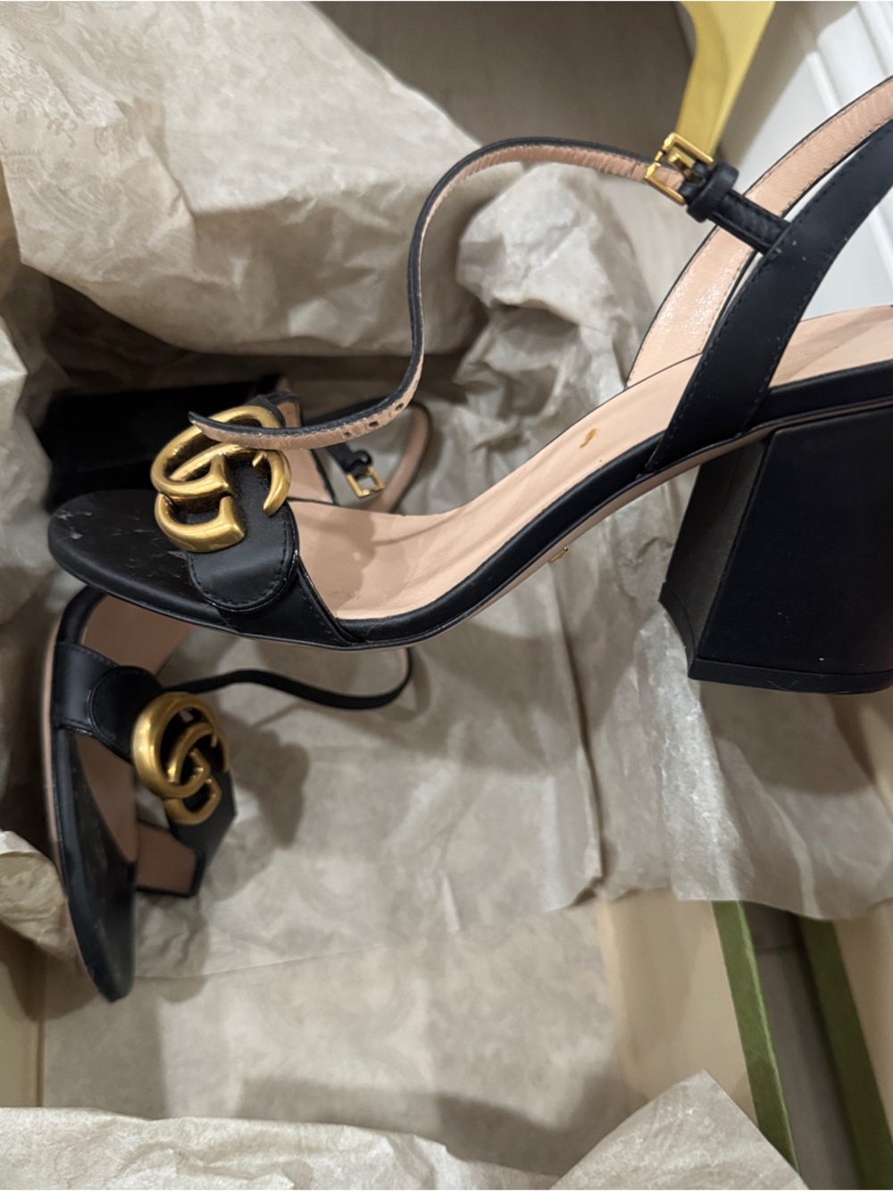 Gucci Black Leather Block Heel Sandals with Gold Accent
